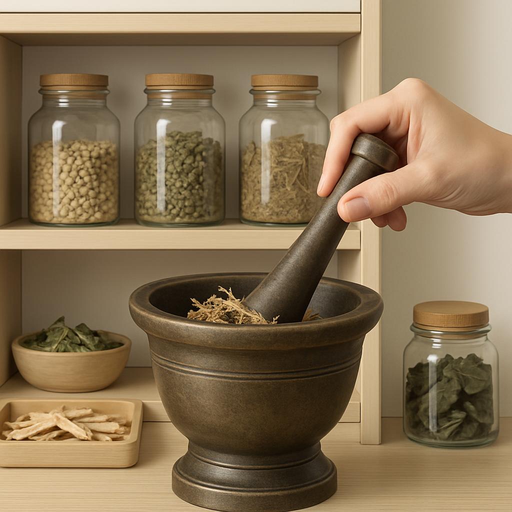 [Image: A hand is seen holding a dark gray mortar and pestle with dried herbs inside the mortar. The background features a...